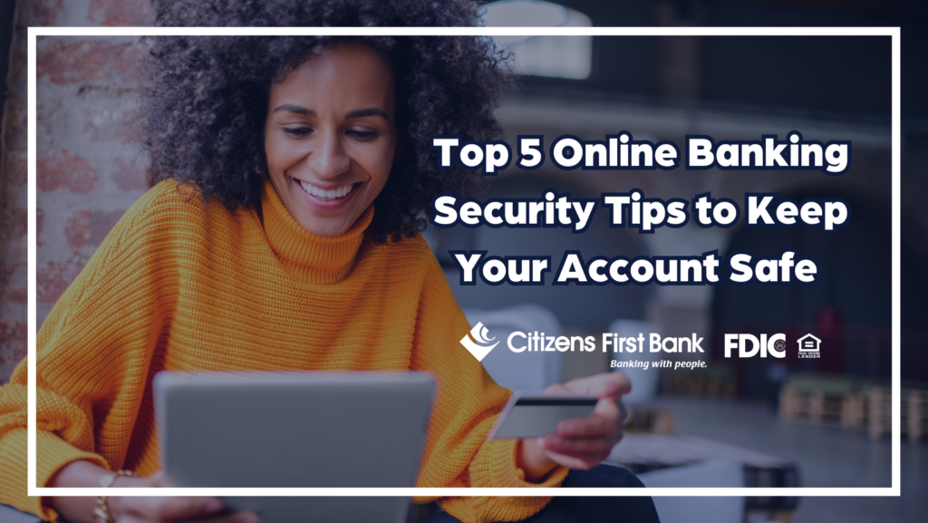 Young woman using security tips to keep her online banking accounts safe.